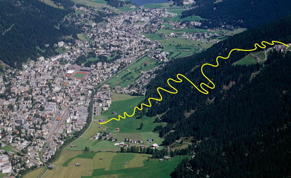 Luftbild von Davos mit eingezeichnetem Mountainbikeweg