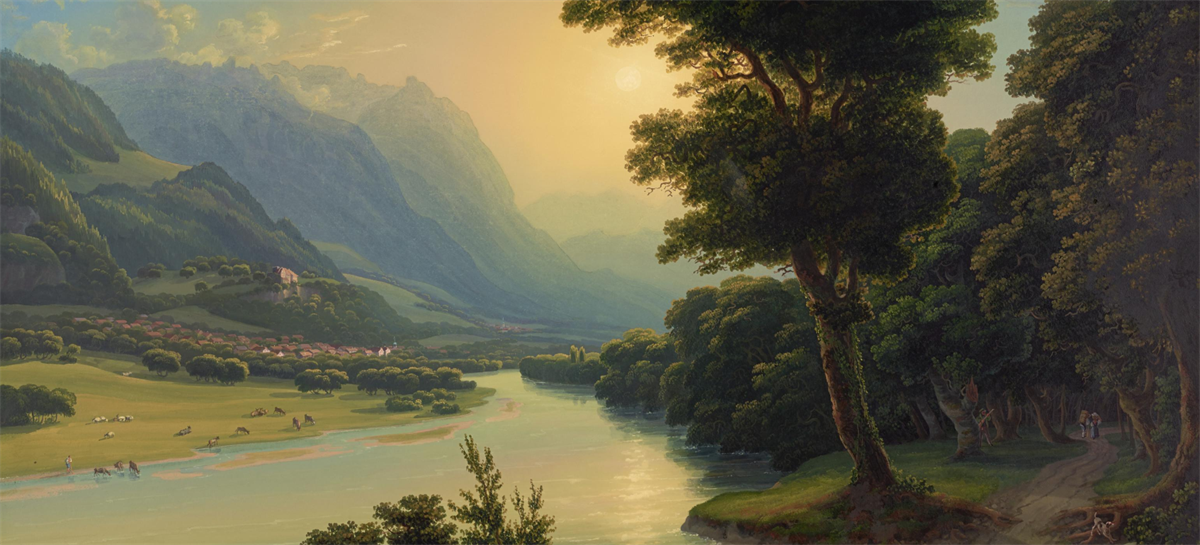 Die romantische Gouachemalerei von Johann Jakob Schmidt aus dem Jahr 1824 zeigt ein weites Flussbett mit Kiesbänken, die wegen des hohen Wasserstandes eher schmal erscheinen.