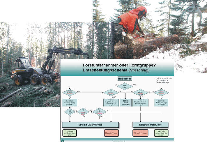 Bild mit Erntemaschine, Waldarbeiter und Flussdiagramm