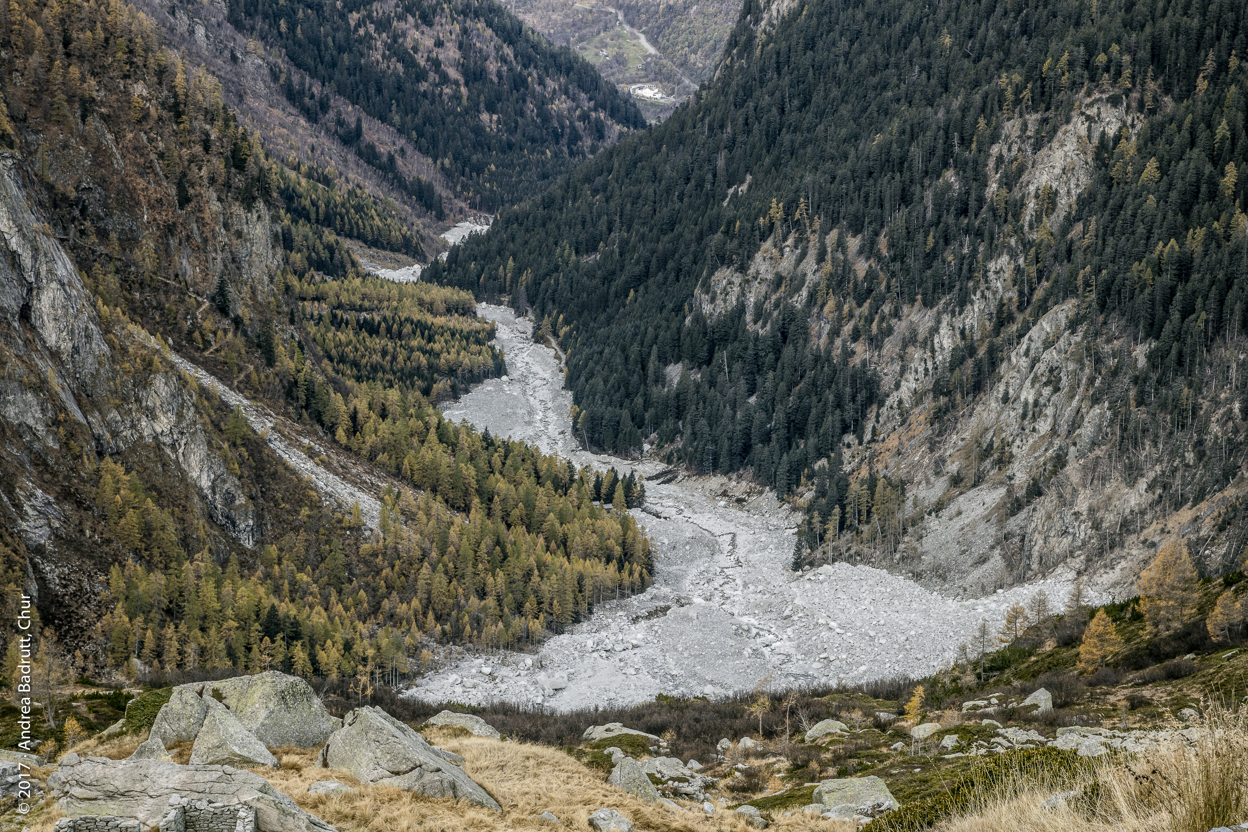 Blick von der Alp Sciora talauswärts auf die Bergsturzablagerungen und Murgangspuren in der Val Bondasca