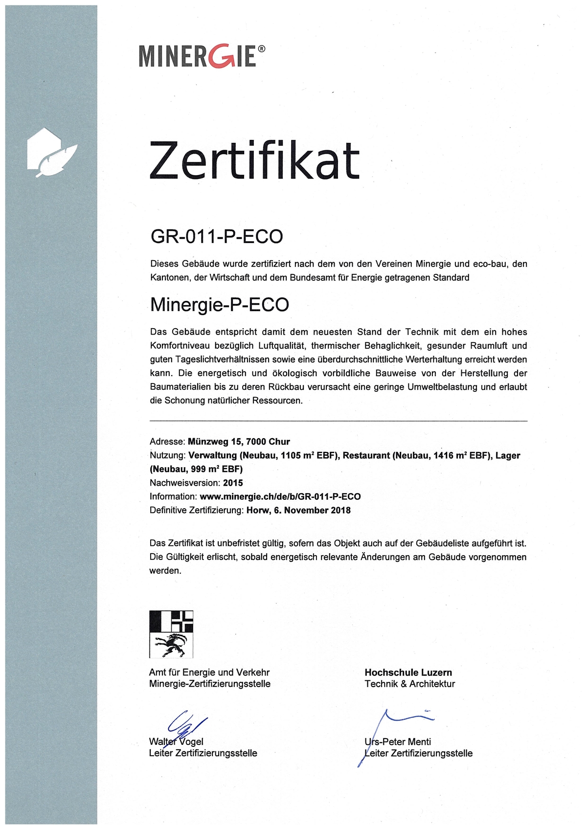 Zertifikat Minergie-P-Eco