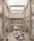 Blick ins Atrium West mit öffentlichen Begegnungs- und Arbeitszonen (Giuliani Hönger Architekten, Zürich / Visualisierung maaars, Zürich)
