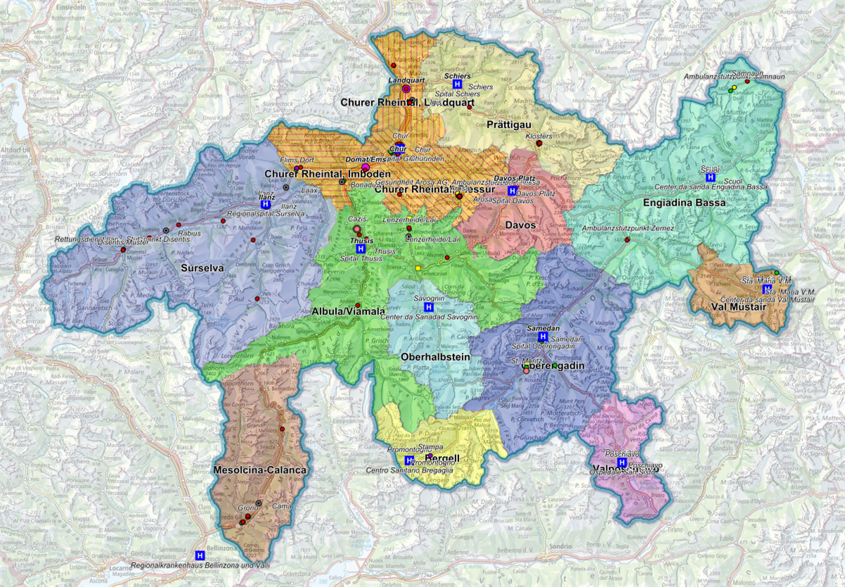 Charta cun las 11 regiuns da provediment da la sanadad en il Grischun