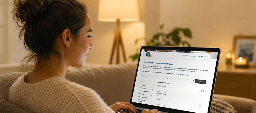 Frau schaut am Laptop die Webseite findhelp an