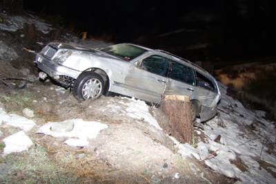 Selbstunfall: Das Fahrzeug wurde von einem Baumstamm gebremst
