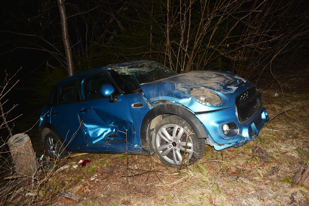 Das total beschädigte Auto steht am Waldrand. 