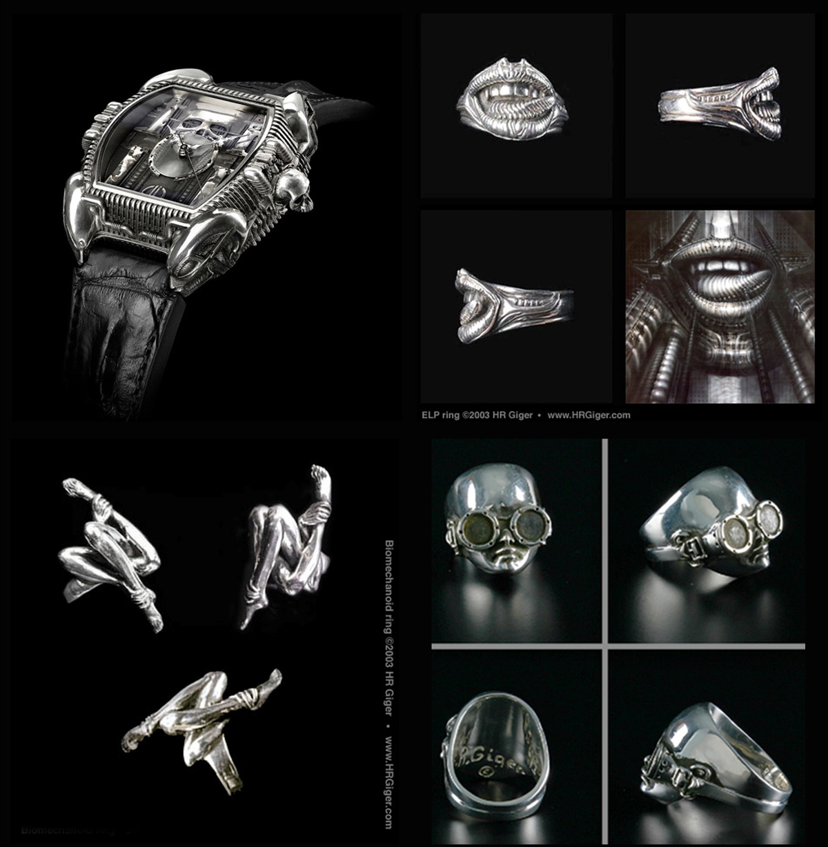 Collage mit einer auffällig gestalteten Uhr, einem auffälligen Baby Head Ring 