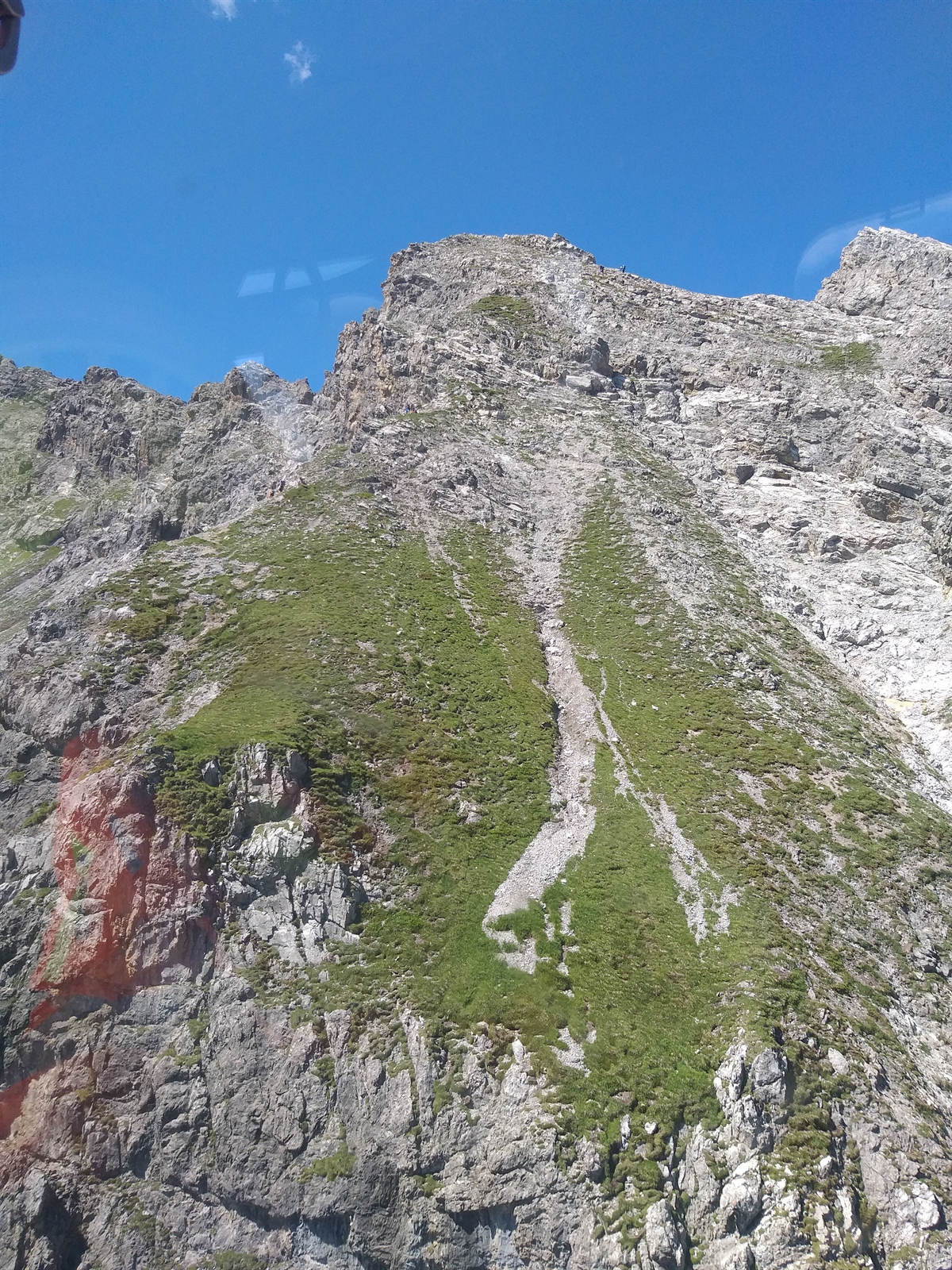 Bergflanke mit Fels, Gestein und teils Grünfläche durchzogen mit Himmel