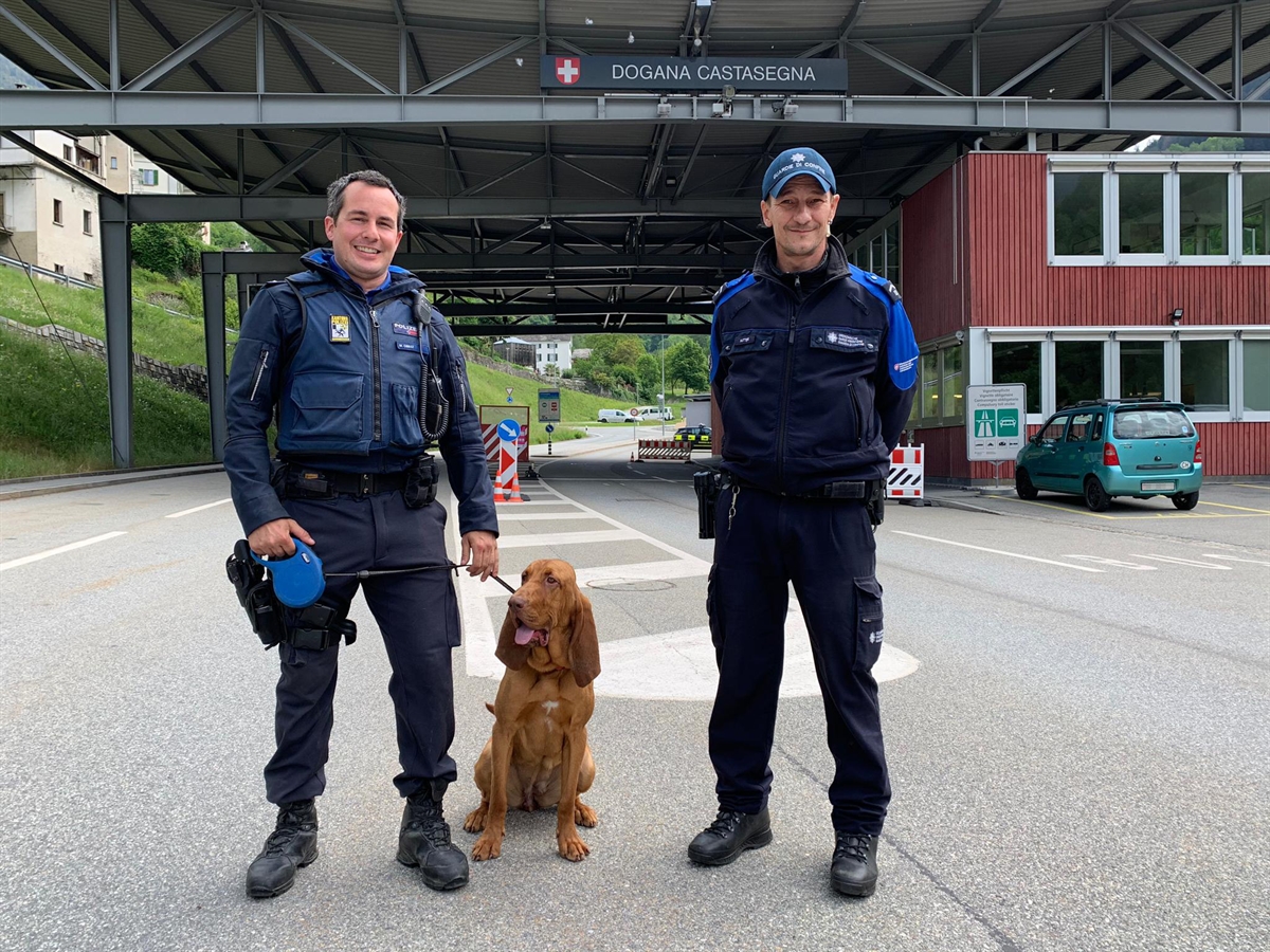 Links der Polizist, welcher an der Leine seinen Hund hält, rechts daneben ein Mitarbeitender der EZV. Im Hintergrund die Grenzstation.