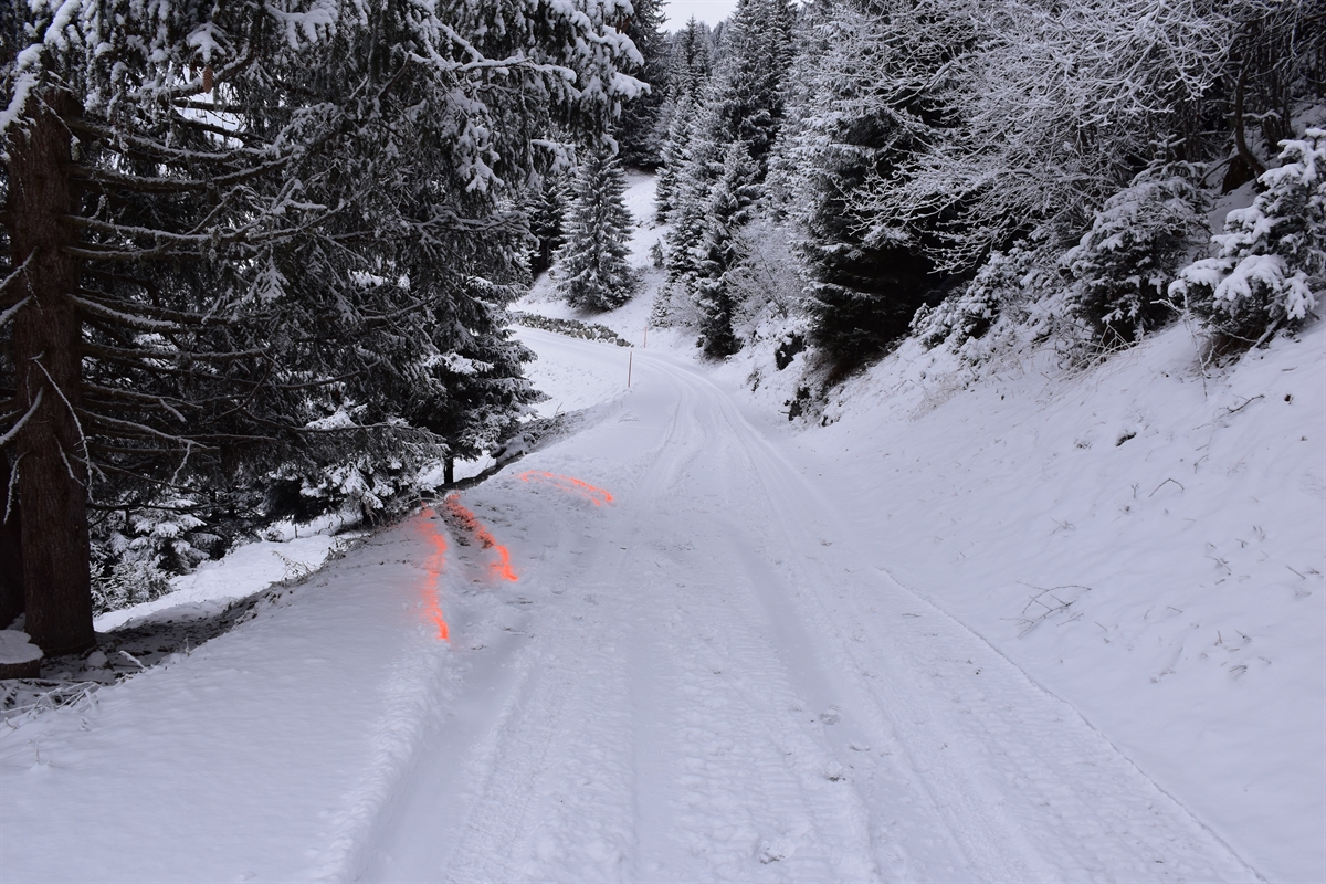 Schneebedeckte Waldstrasse mit Spuren über linksseitige Böschung 