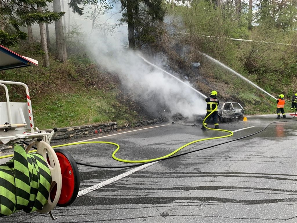 In Bildmitte das ausgebrannte Auto. Rauch steigt auf. Links und rechts vom Auto Feuerwehrleute, die eine Tanne und Gestrüpp löschen. 