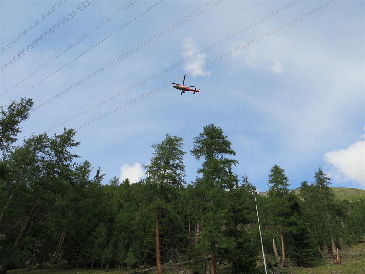 Der Rega-Helikopter über den Hochspannungsleitungen und bewaldetem Gebiet.