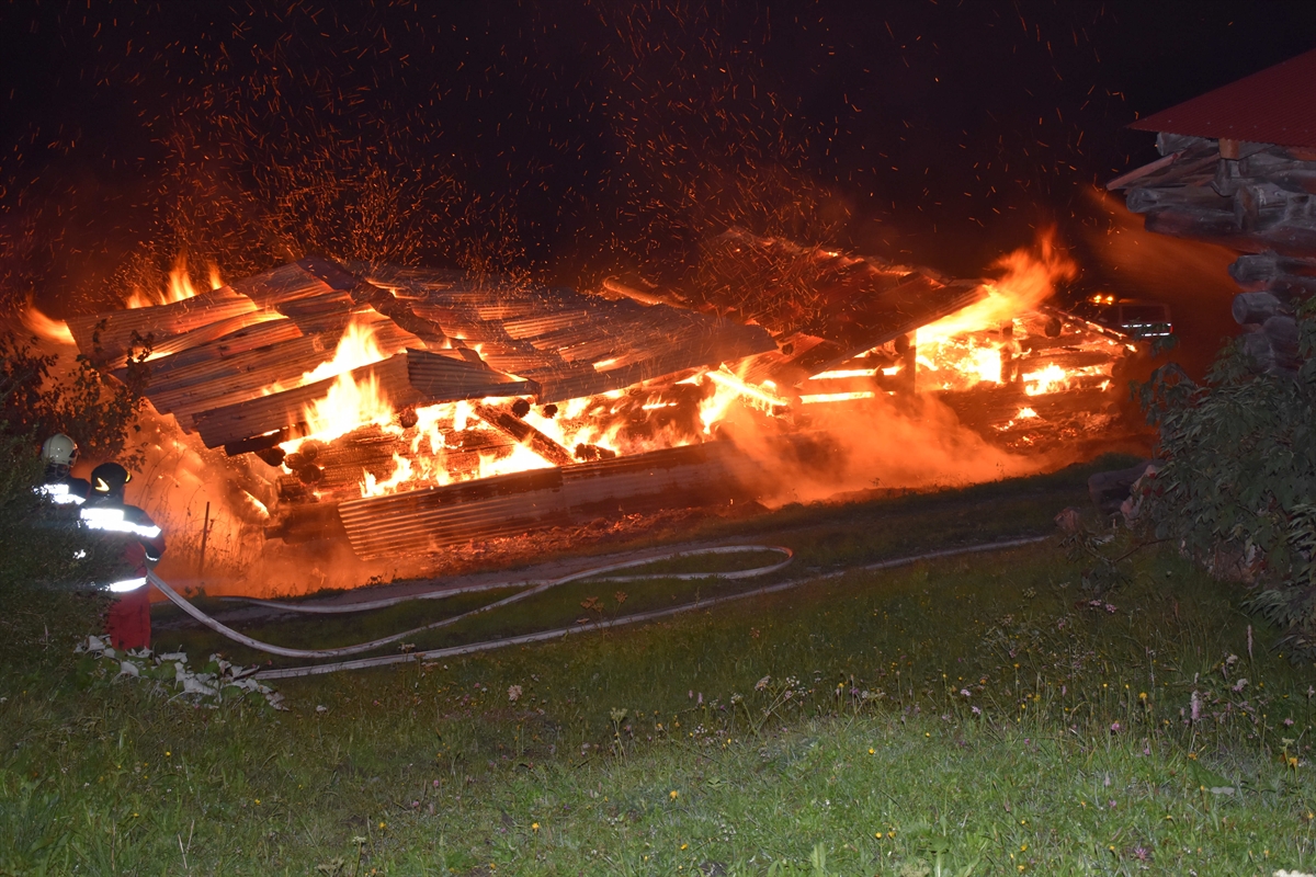 Zwei Ställe brennen lichterloh im Dunkel der Nacht, Feuerwehrleute löschen