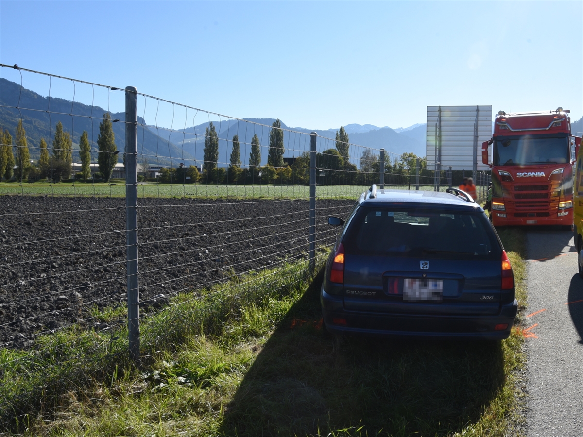 Der Personenwagen steht auf dem Grünstreifen neben dem Wildschutzzaun. Im Hintergrund steht das Sattelmotorfahrzeug.