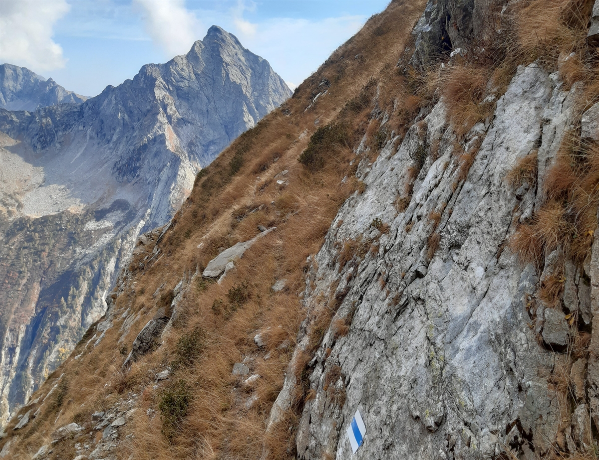 Blau-weisse Markierung alpiner Weg in steilem Gelände