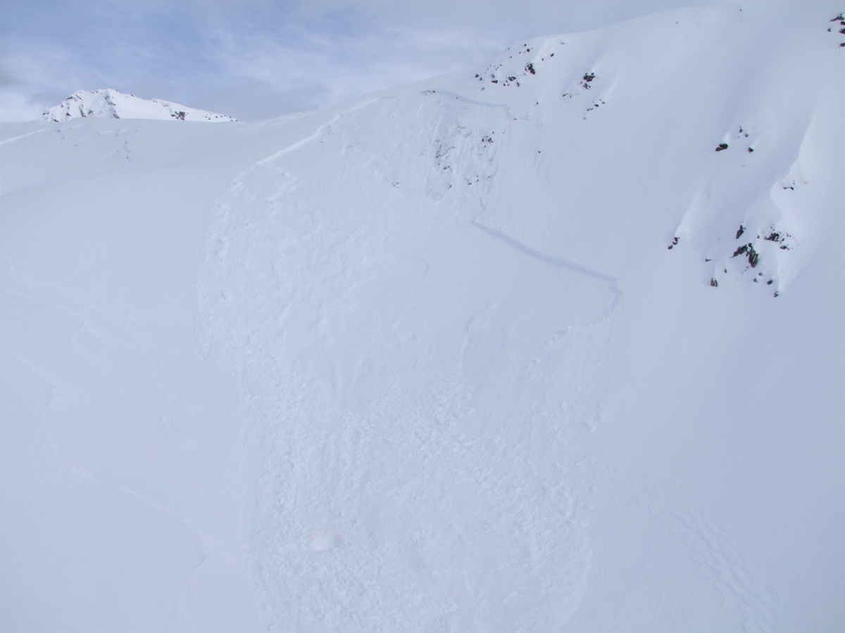 Luftaufnahme der Schneebrettlawine. Am unteren Bildrand ist der Fundort des verschütteten Skitourenfahrers zu sehen.