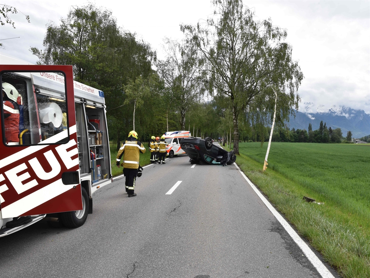 In der Bildmitte das Auto auf dem Dach. Rechts davon eine schiefe Jungbirke. Die Strasse ist umsäumt mit Bäumen. Links Einsatzkräfte, ein Rettungswagen und ein Feuerwehrauto.