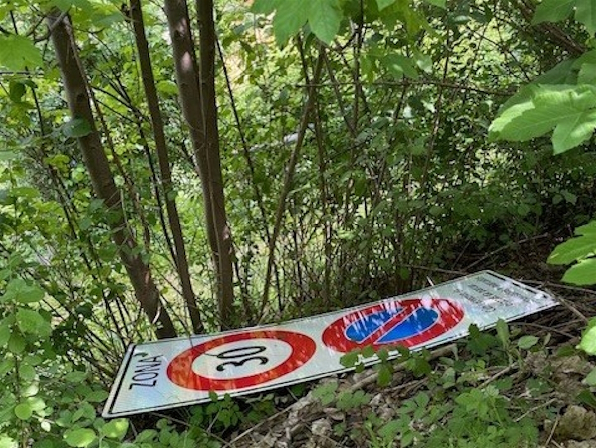 Inmitten von Büschen liegt eine Zonensignalisation.