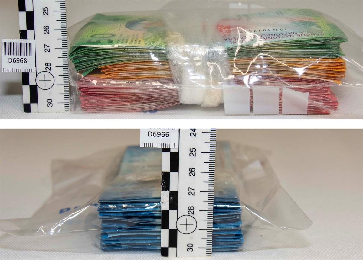 Sichergestelltes Geld, Bündel mit 10er-, 20er-, 50er- und 100er-Noten