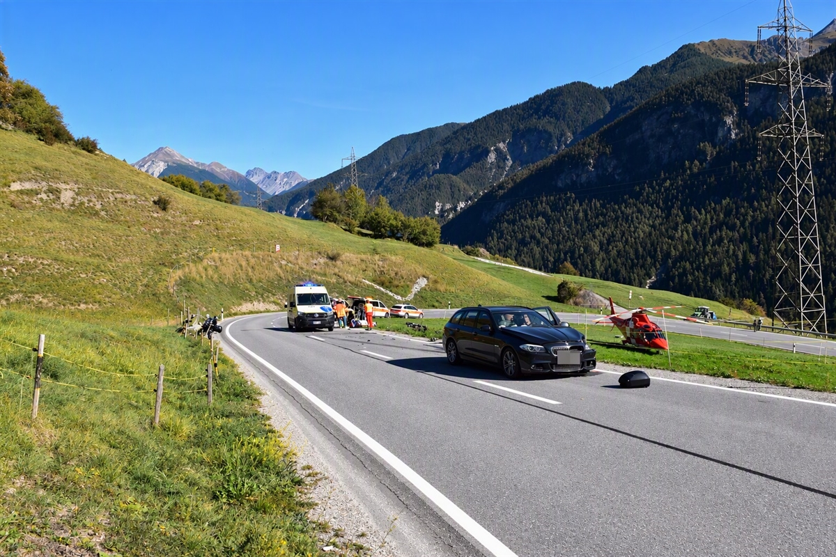 Fahrzeug auf der Gegenfahrbahn stehend Krankenwagen sowie Rega Helikopter im Bereiche der Unfallstelle