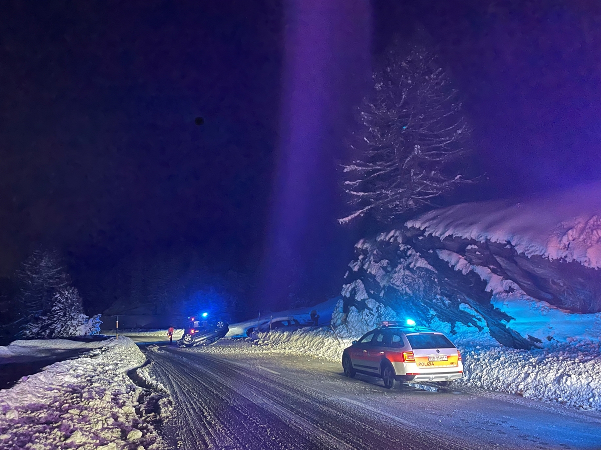 Nächtliche Winterlandschaft. Im Vordergrund ein Polizeiauto, ein wenig entfernt das Unfallauto auf dem Dach und dahinter ein weiteres Polizeiauto.