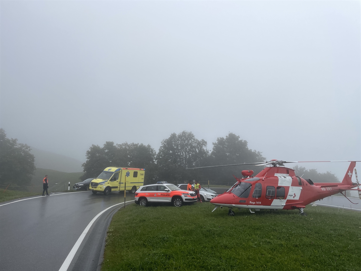 Regahelikopter, Polizeiauto, Sanitätsauto um Nebel