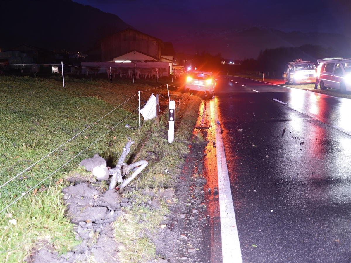 Aufnahme in der Dunkelheit. Links neben der Strasse die umgefahrene Zäunung und das Auto von hinten. Rechts der Strasse zwei Polizeiautos. Links im Hintergrund Vieh vor einem Bauernhof.
