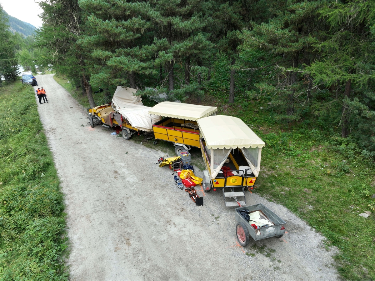 Luftaufnahme mit verunfallter Pferdekutschen-Komposition neben Strasse an Baum 