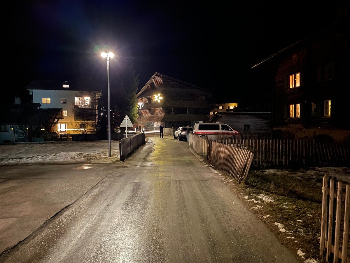 Die schmale Nebenstrasse im beleuchteten Dorf. Rechts wir die Fahrbahn durch einen Holzzaun begrenzt, welcher durch die Kollision beschädigt wurde. Im Hintergrund ein Polizeiauto und das Unfallauto. Der Automobilist unterhält sich mit einem Polizisten.