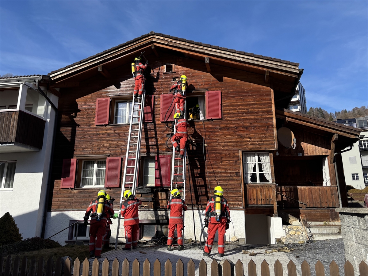 Das Haus, in frühlingshafter Umgebung mit blauem Himmel. Sieben Feuerwehrleute mit zwei Leitern bekämpfen den Mottbrand an der Holz-Hausfassade.