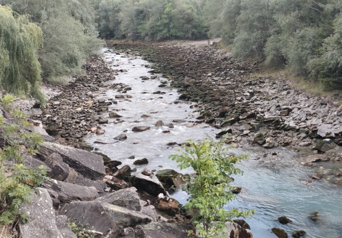 Ein am Rand trockengefallener Flusslauf.