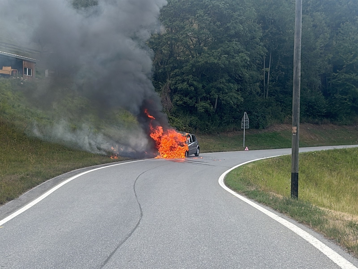 Aus dem Personenwagen schlagen im vorderen Bereich hohe Flammen, begleitet von einer starken schwarzen Rauchbildung. Neben der Strasse ist Wiesland durch das Feuer angesengt.