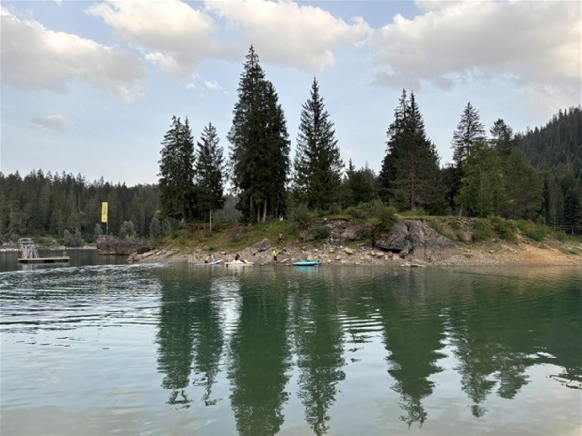 See mit Insel und Tannen