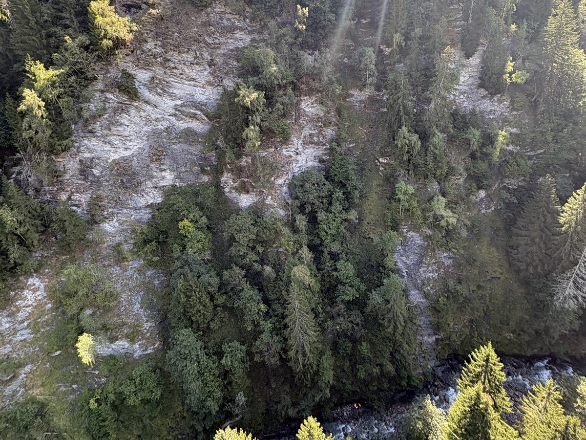 Das unwegsame, steile Gelände mit Bäumen durchzogen, am unteren Bildrand ein Fluss.
