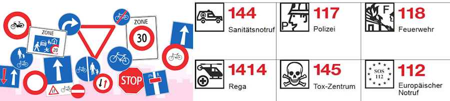 Strassensignale und Notrufnummern