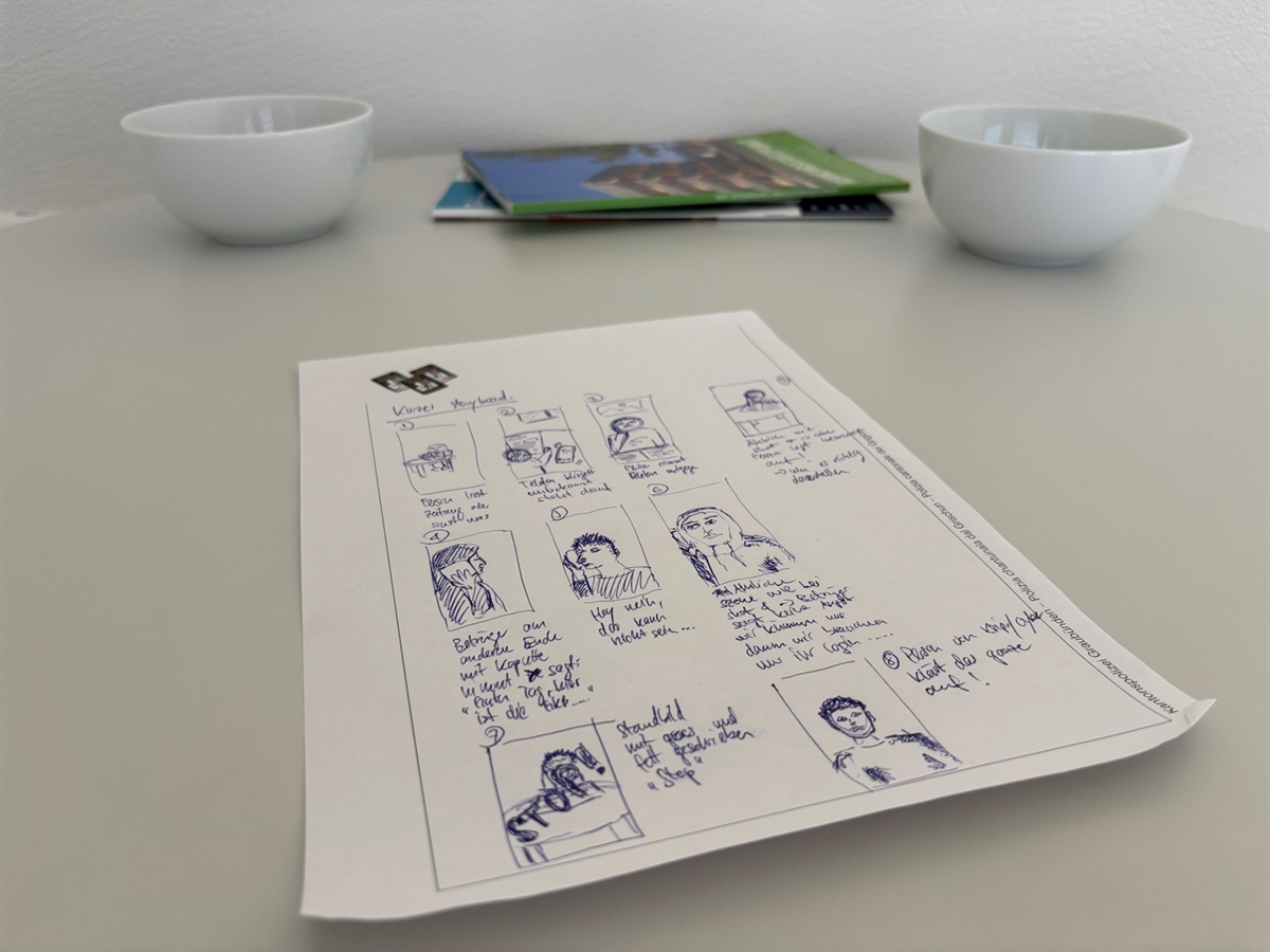 Das auf einem Blatt skizzierte Storyboard liegt auf einem Tisch.