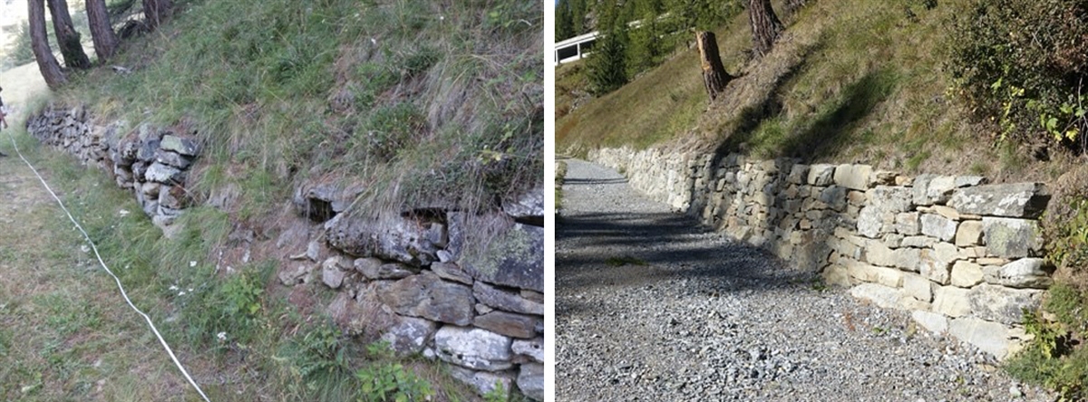 Die Trockenmauer vor (links) und nach der Sanierung (rechts). Sie ergänzt den Trockenwiesen-Lebensraum. 