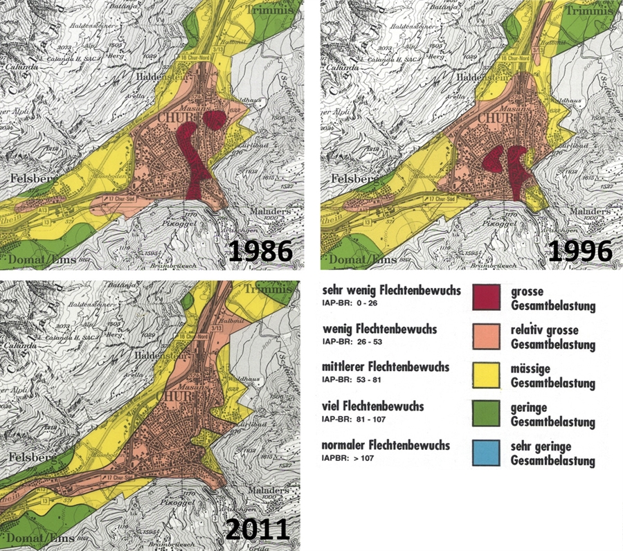Luftgütekarten Raum Ems-Chur-Trimmis für die Jahre 1986, 1996 und 2011