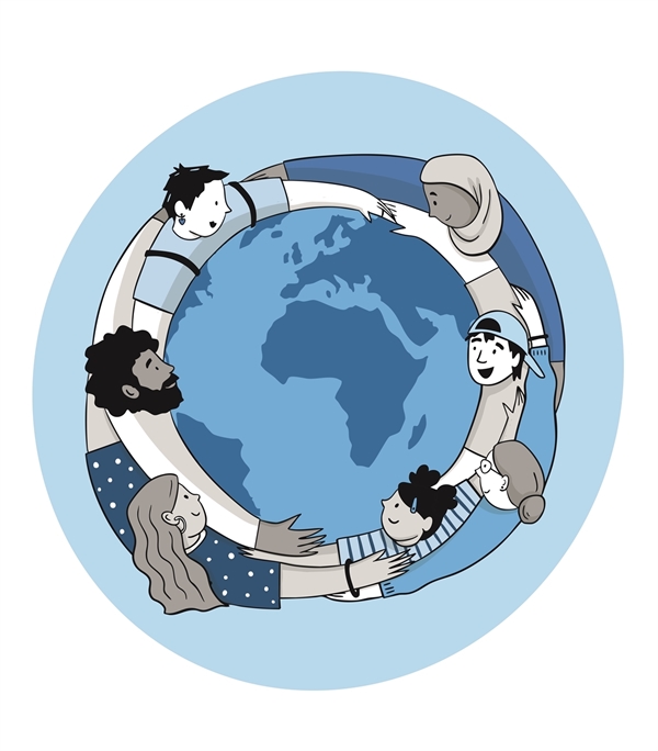Illustration einer Weltkugel, gehalten von diversen Menschen