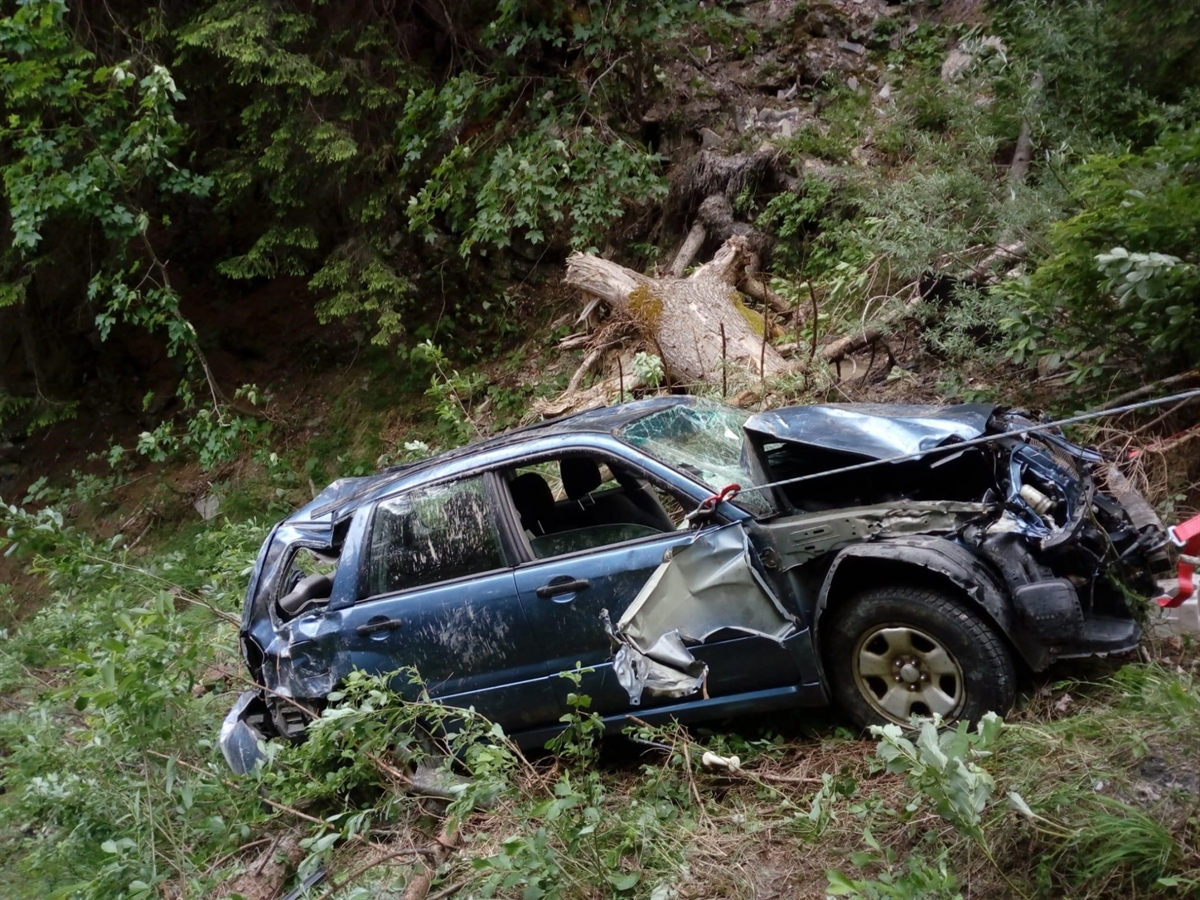 Total beschädigtes Fahrzeug im Tobel zwischen den Bäumen