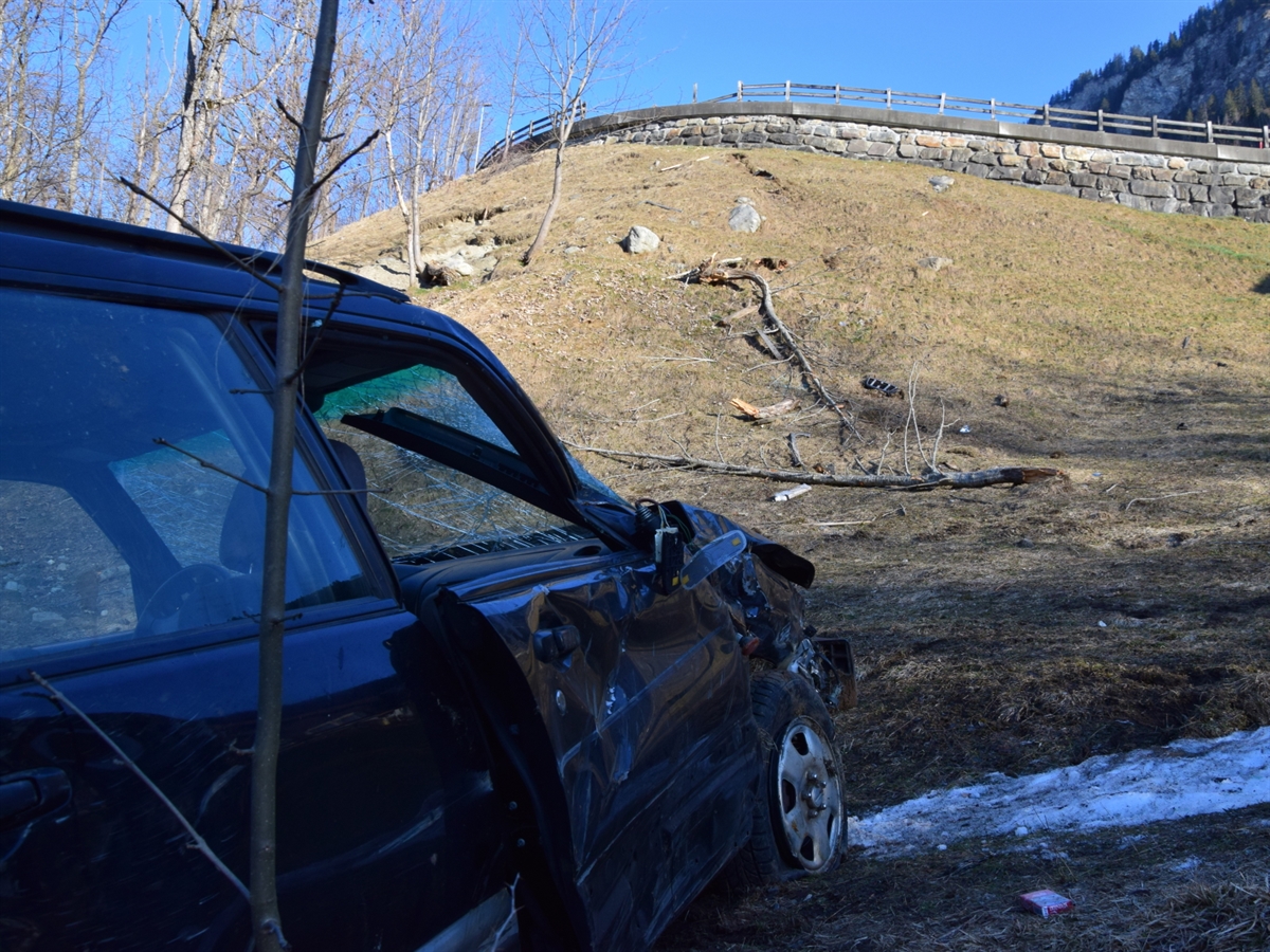 Das Unfallfahrzeug von der Seite abgebildet. Ansicht vom Auto aus den Abhang hinauf zur Strasse mit blauem Himmel am oberen Bildrand.