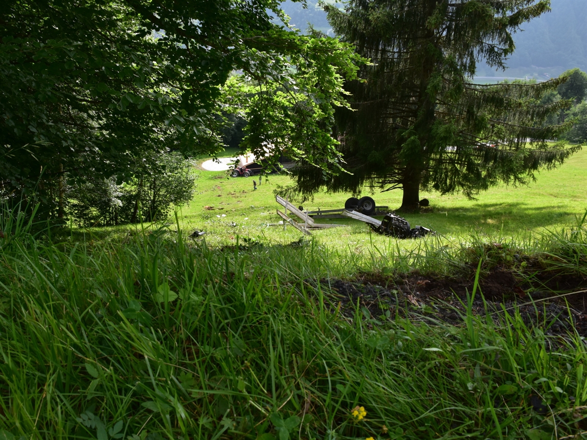 Abfallendes Wiesland mit dem Anhänger bei einem Baum sowie der Traktor bei dem Gebäude liegend.