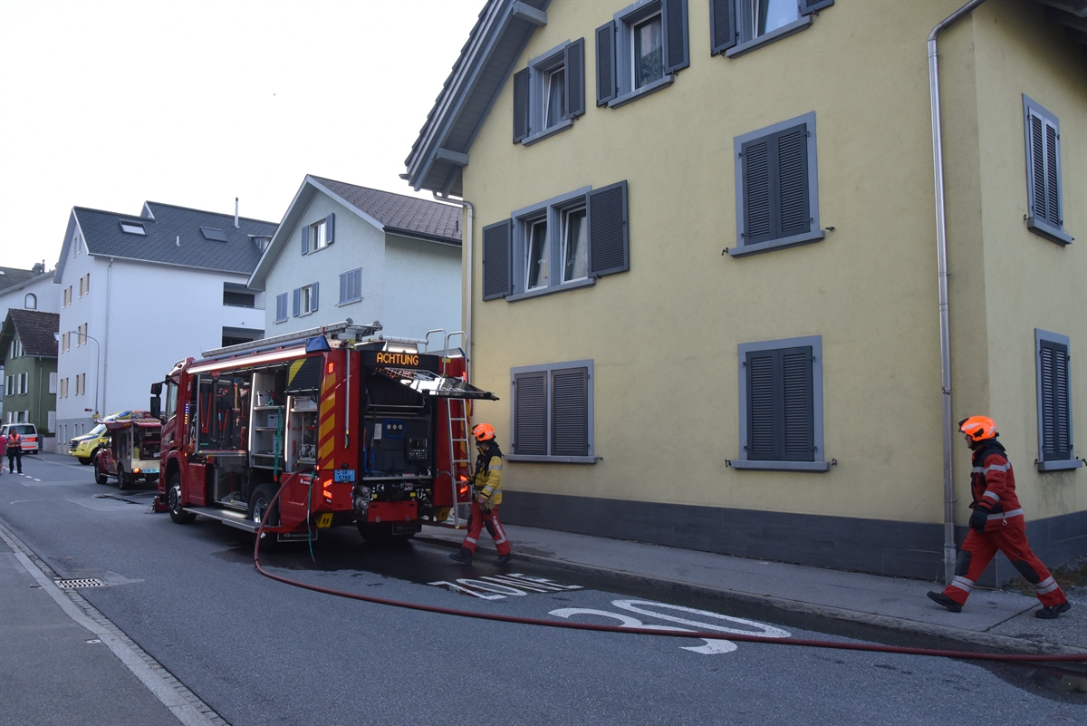 Tanklöschfahrzeug, Polizeiauto und Ambulanz vor dem Haus