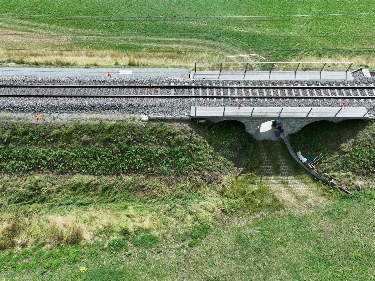 Der Unfallort mit einer Drohne aufgenommen. Auf den Geleisen sind polizeilich wichtige Eckpunkte mit Pylonen gekennzeichnet.