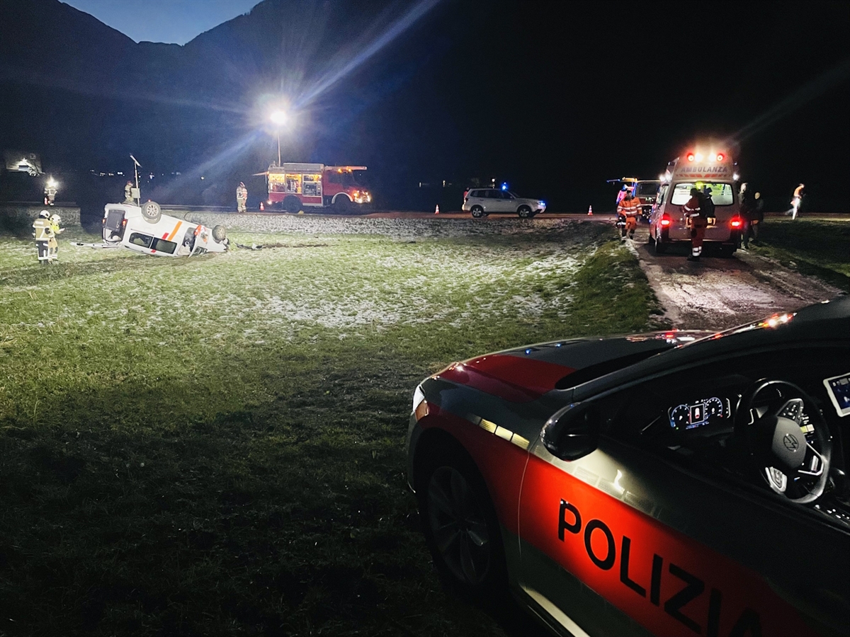 Aufnahme in der Morgendämmerung. Im Vordergrund ein Polizeiauto. Im Hintergrund ein Rettungswagen, Einsatzkräfte, ein Feuerwehrauto und ein ziviles Fahrzeug mit Blaulicht. Im Wiesland das auf dem Dach liegende Unfallauto.